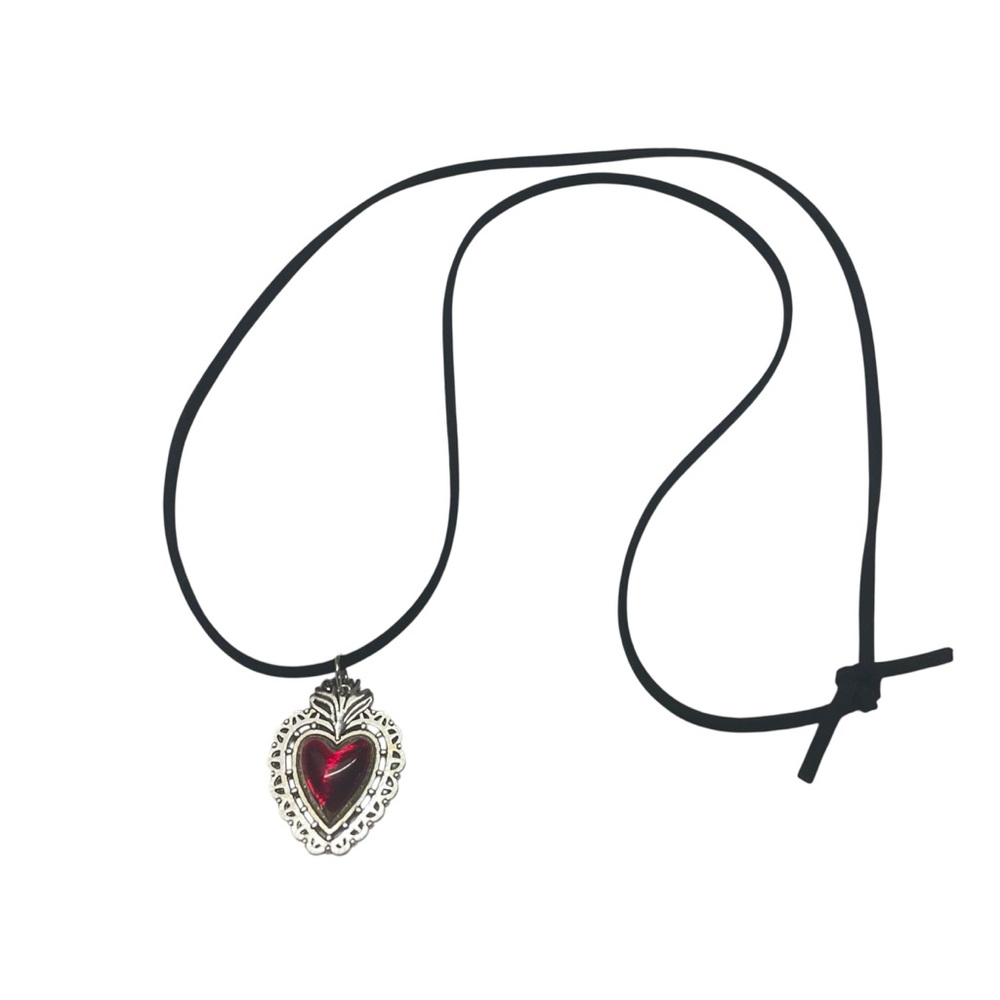 Red Lacey Heart Silver Necklace Emo Alternative Jewelry Accessories